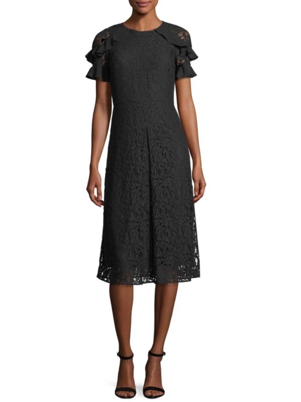 Burberry Black Lace Midi Dress with Ruffle Sleeves